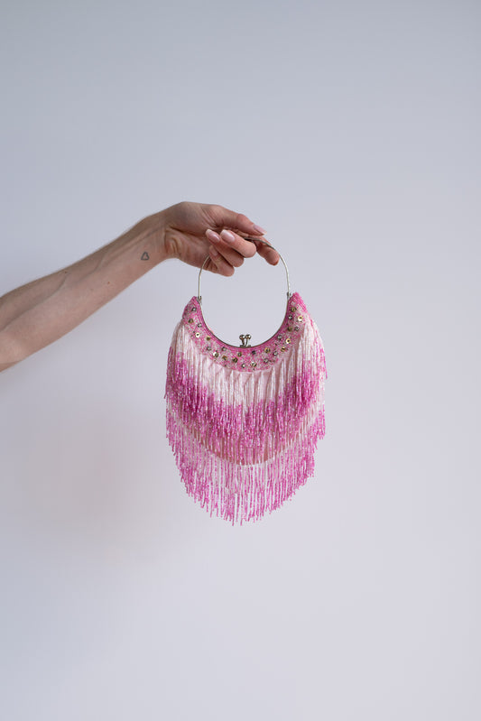 pink sequin hand bag