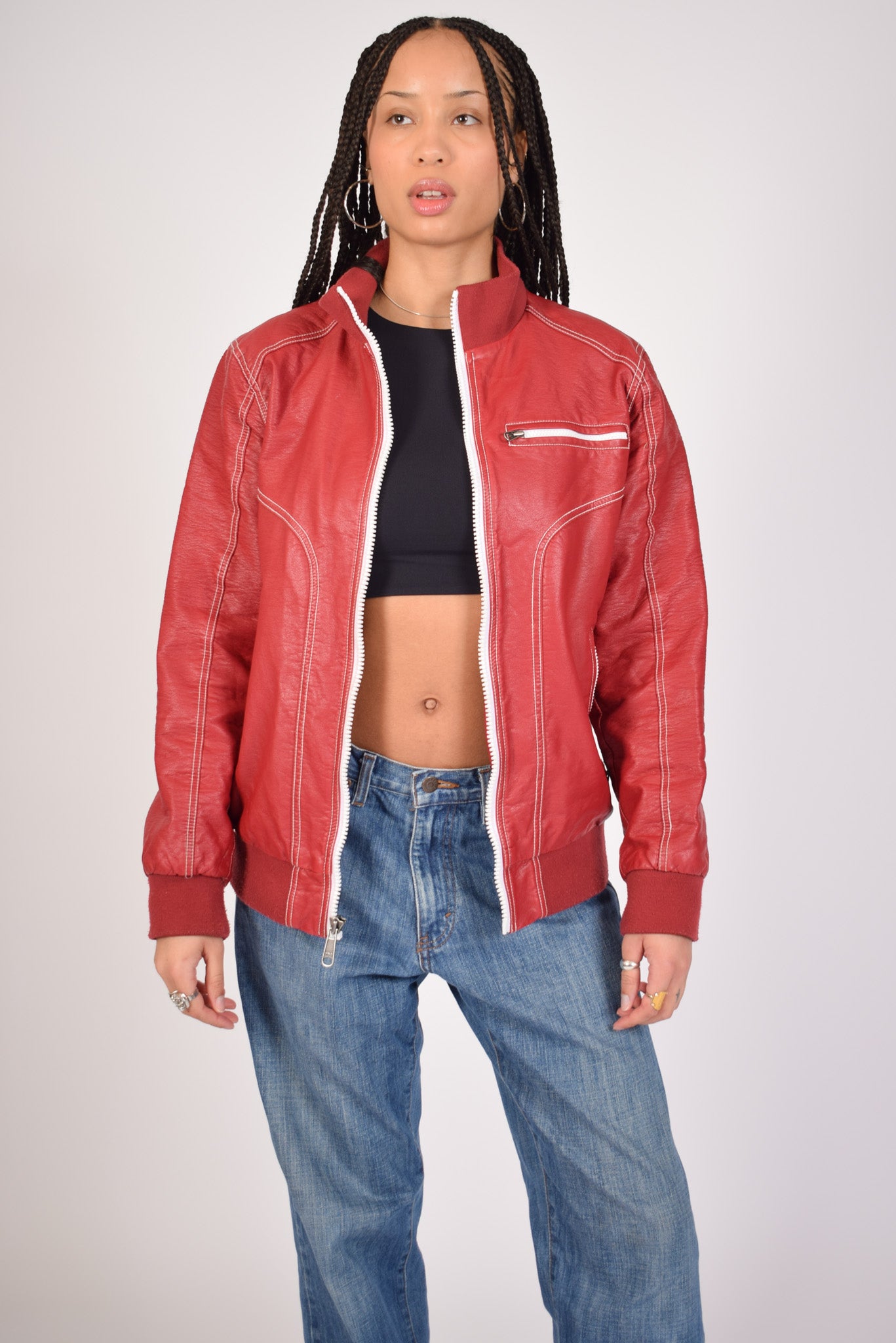 red moto leather jacket