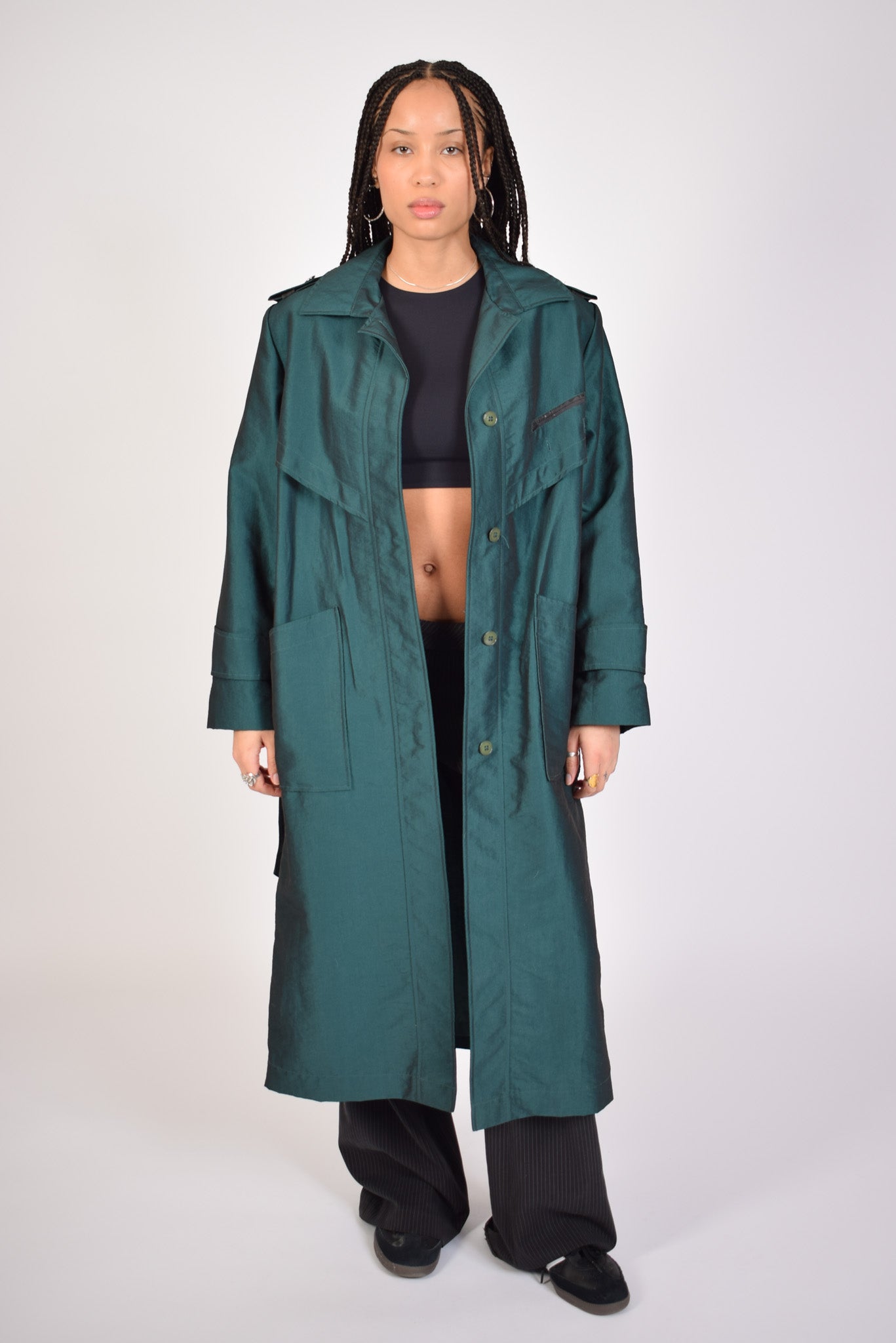 teal reflective trench coat