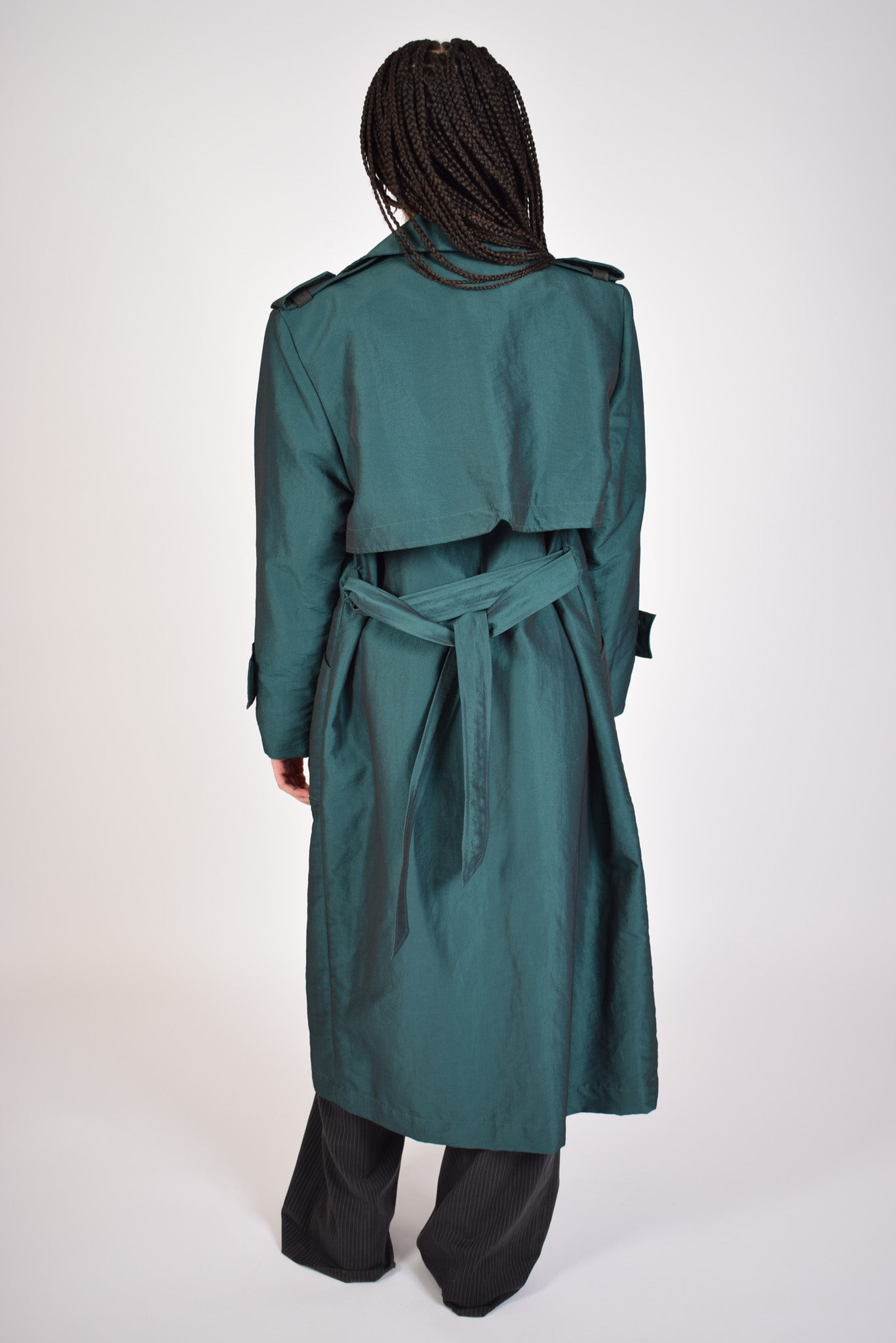 teal reflective trench coat